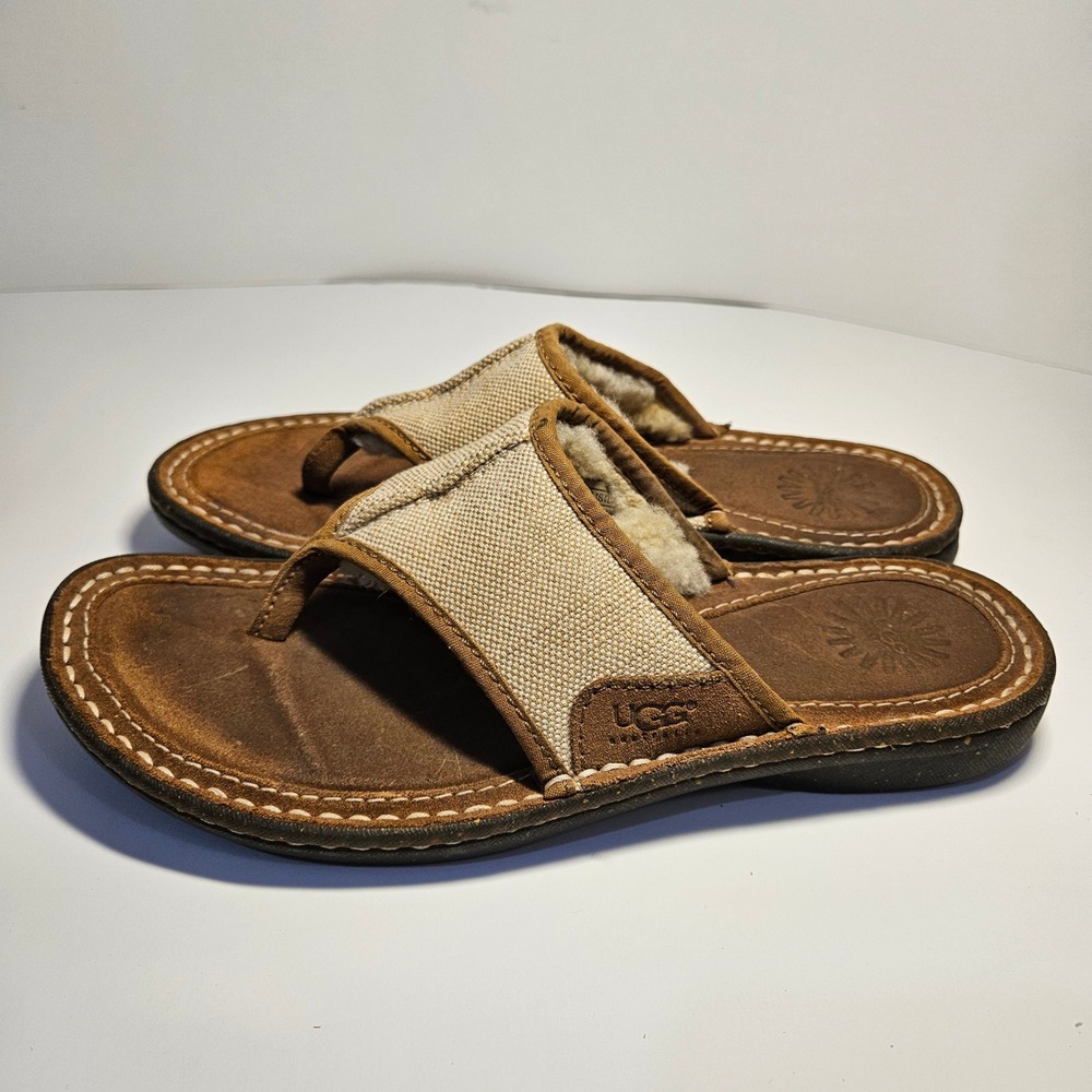 UGG Australia Canvas Sheepskin Lined‎ Flip Flop Sandals Brown Tan Womens Size 8